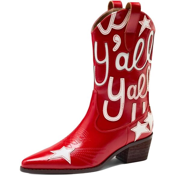 ⚡Women's Red Embroidered Mid Calf Cowgirl Boot Western Pointed Toe Chunky Heel - Picture 2 of 6